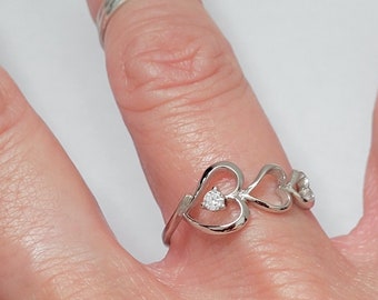 Dainty Sterling Silver Hearts Ring: CZ Sideway Promise Ring