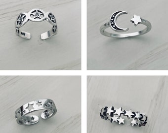 Sterling Silver Stars, Moon and Star Toe Rings, Crescent Moon Toe Ring, Stars Toe Ring Twinkle Star Toe Ring, Silver Stars Toe Band.