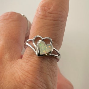 925 Sterling Silver Double Hearts Opal Ring for Women. 7mm