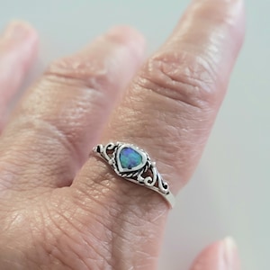 Sterling Silver Pink Lab Opal Heart Ring: Boho Promise Ring