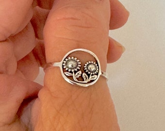 Dainty Sterling Silver Sunflowers Ring: Floral Promise Ring