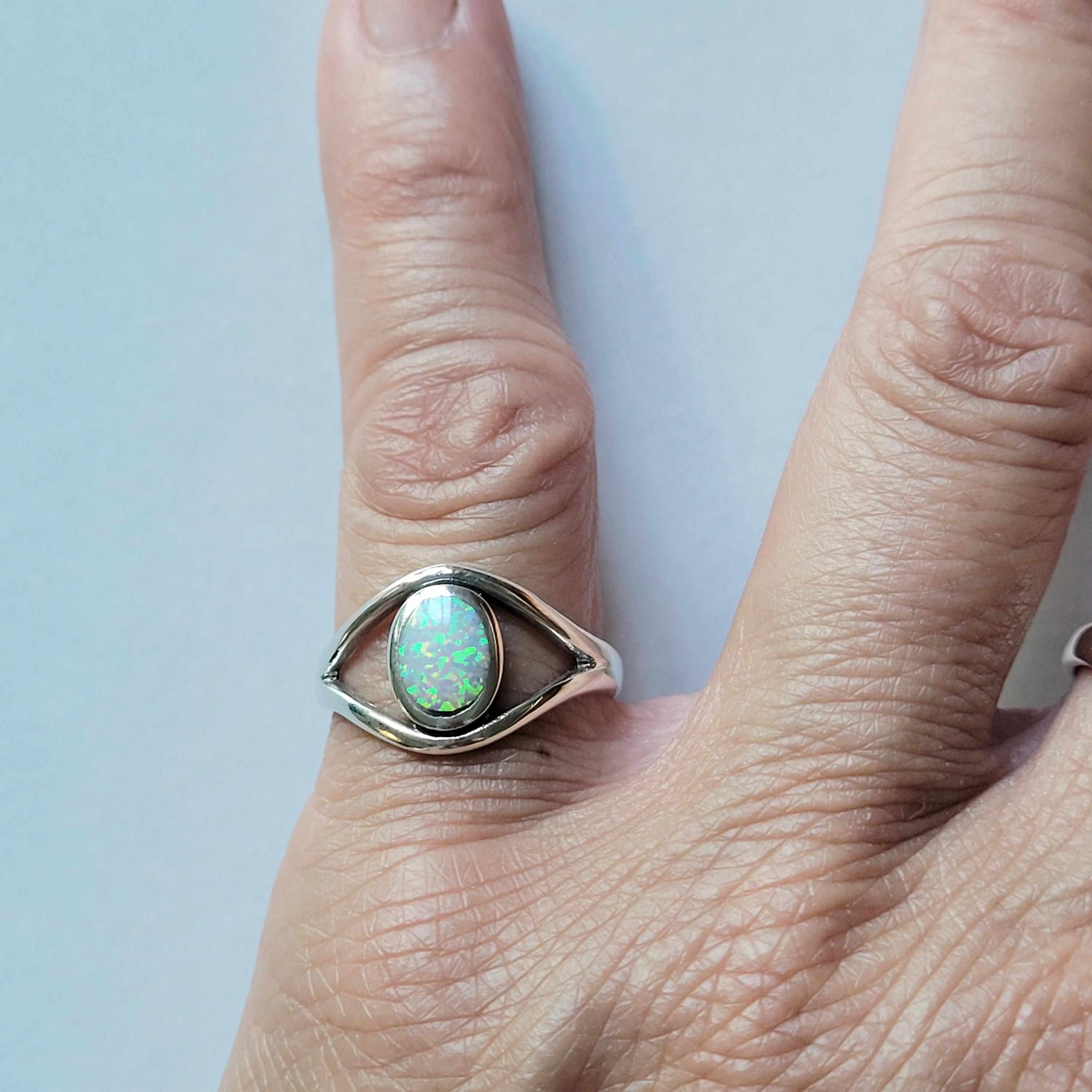 Anello Donna In Argento 925 Con Opale Blu Di Laboratorio E Zirconi Bianchi Ovali, Misura 4-10 - Foto 3