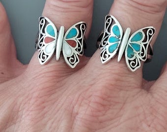 Sterling Silver Butterfly Ring: Genuine Turquoise or Multi Stone