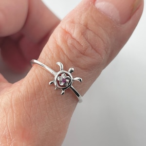 Sterling Silver Plumeria Flower Turtle Ring with Ruby CZ