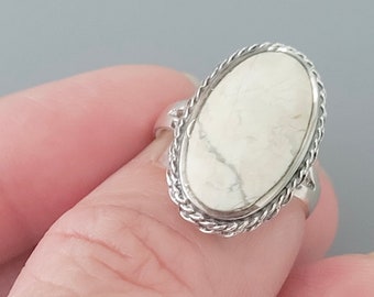 Sterling Silver White Buffalo Turquoise Ring: Braid or Moon Design