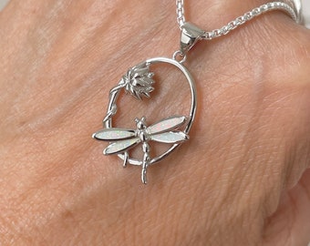 Sterling Silver Dragonfly Necklace: Lab Opal Lotus Pendant