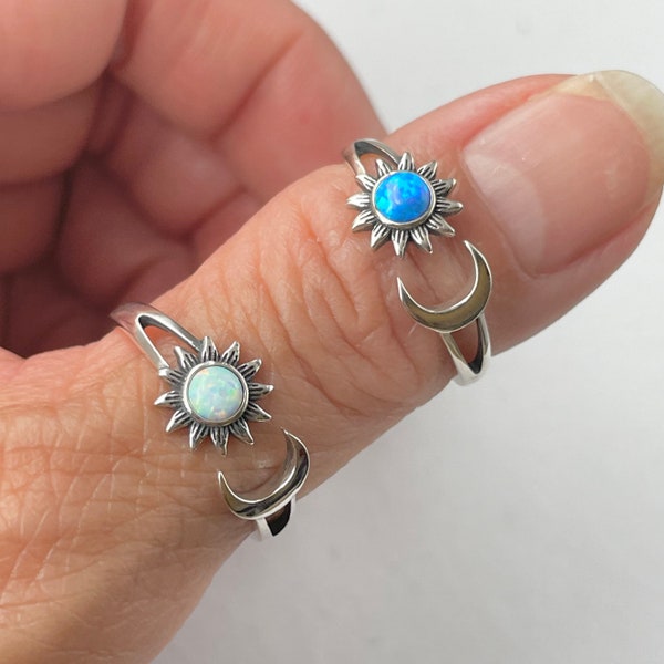 Sun and Moon White or Blue Opal Sterling Silver Ring, Opal Ring, Sun Ring, Moon Silver Ring, Celestial Ring, Sunflower Silver Ring, Sky Ring