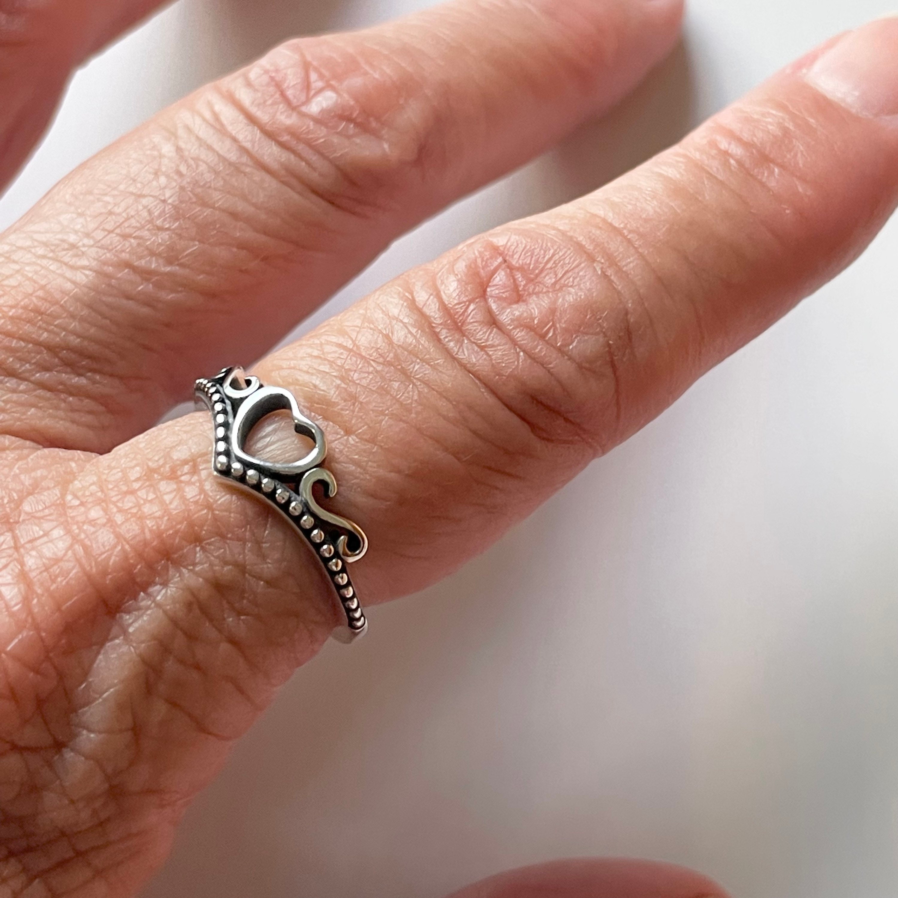 Sterling Silver Crown Heart Ring: CZ Accent, Oxidized Finish - Etsy