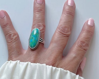 Large Oval Turquoise Sterling Silver Ring: Boho Statement Jewelry
