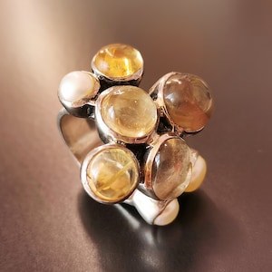 Vintage S925 Silver Ring Unique Creation | Smoky Grey Quartz | Citrine | Freshwater Pearls | 18.65g