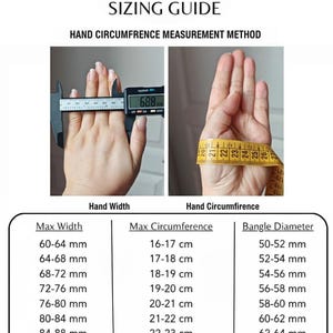 Puede incluir: Imagen de una guía de tallas con el texto "YKGEM SIZING GUIDE" y "HAND CIRCUMFRENCE MEASUREMENT METHOD." Muestra cómo medir el ancho y la circunferencia de la mano para pulseras, con medidas en mm y cm.