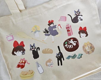Kawaii Cute Zipper Tote Bag Kiki Witch Canvas Tote