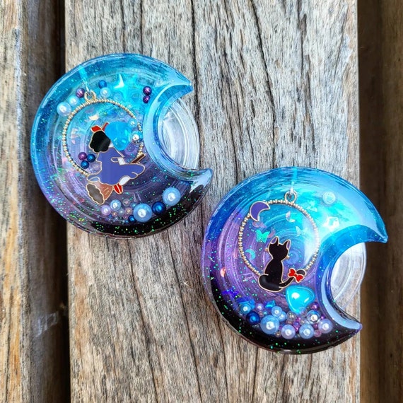 Kawaii Witch and Black Cat Handmade Resin Shaker Keychain Charms