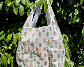 Bolsa de supermercado reutilizable, plegable, con diseño de capibara, wombat y quokka