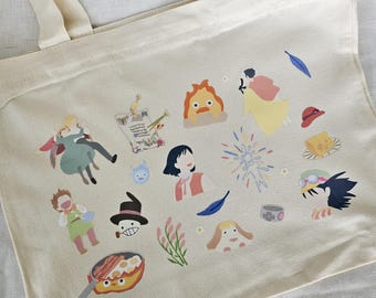 Kawaii Cute Zipper Tote Bag Moving Castle Canvas Bag