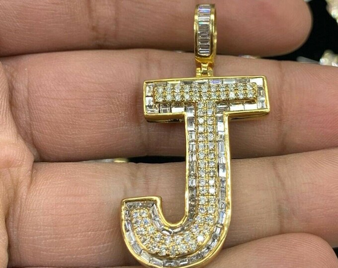 Men's Unique Design J Round & Baguette Diamond Custom Initial Letter Pendant in 925 Silver, Custom Hip Hop Pendant,Iced Out Hip Hop