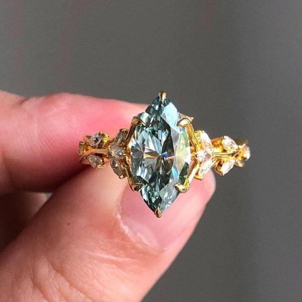 2.00 CT Marquise Cut Green & Diamond Dainty Ring, Wedding Ring, Engagement Ring, Gemstone Ring Simulated Diamond 14kt Yellow Gold Finish