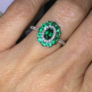 1.50 CT Oval Cut Green Emerald & Diamond Double Halo Ring, Engagement Ring, Wedding Ring, Simulated Diamond 14kt White Gold Finish Ring