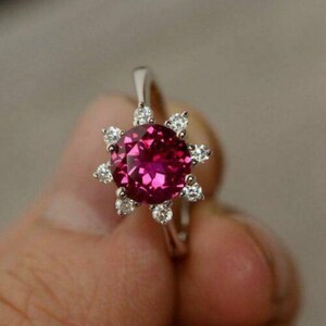 2.00 CT Round Cut Ruby & Diamond Floral Solitaire Engagement Ring Wedding Ring Simulated Diamond 14kt White Gold Finish Ring for Women's
