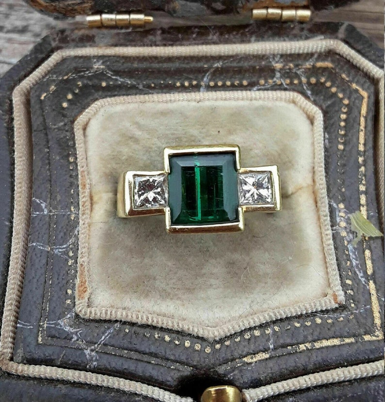 2.00 Ct Emerald Cut Green Emerald & Diamond Three Stone Engagement Ring, Wedding Ring, Anniversary Ring 14kt Yellow Gold Finish shops Ring