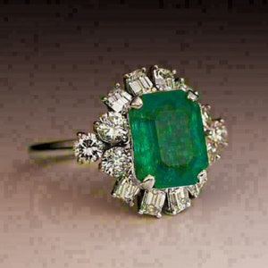 4.00 CT Green Emerald & Diamond Ring, Anello Halo, Anello di fidanzamento, Anello nuziale, Anello promessa, Anello di finitura in oro bianco Simulato 14kt