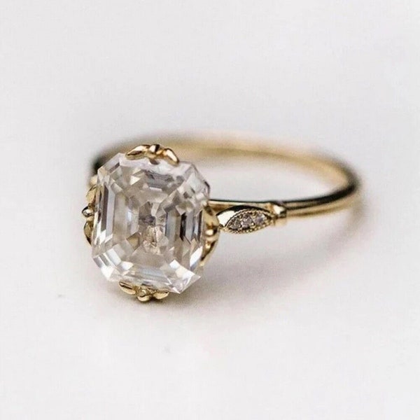 4.00 Ct Asscher & Round Cut White Diamond Art Deco Engagement, Wedding Ring Simulated Diamond Ring 14kt Yellow Gold Finish Ring