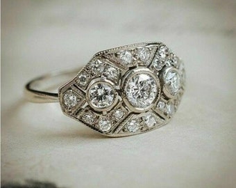 Bague vintage Art déco avec diamants blancs ronds de 1 carat Bague d'anniversaire de mariage Bijoux art déco Bague finition or blanc 14 carats pour femme