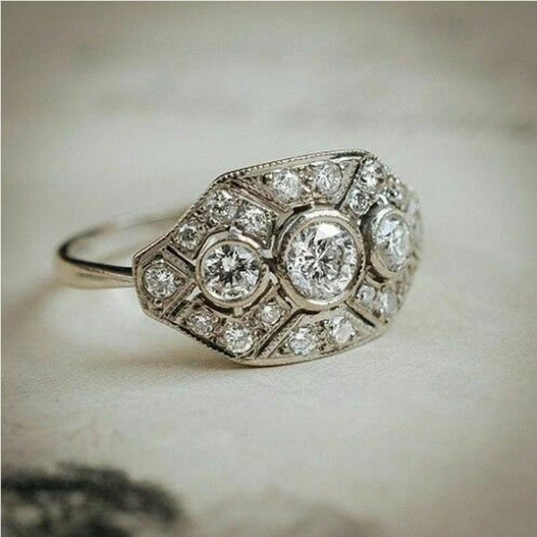 1 CT Round Cut White Diamond Vintage Art Deco Ring Wedding Anniversary Ring Art Deco Jewellery 14kt White Gold Finish Ring for Women's