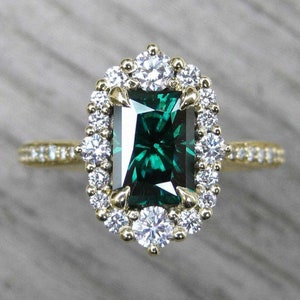 2.00 Ct Emerald Cut Green Emerald & Diamond Halo Engagement Ring, Wedding Ring 925 Sterling Silver 14kt Yellow Gold Finish