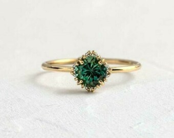 2.00 Ct Round Cut Green Emerald & Diamond Solitaire Engagement Ring, Wedding Ring, Gemstone Ring 14kt Yellow Gold Finish Ring for Women's