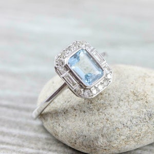 1 CT Emerald Cut Aquamarine & Diamond Halo Engagement Ring, Wedding Ring Simulated Diamond 14kt White Gold Finish Ring for Women's