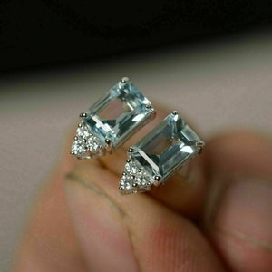 2 Ct Emerald Cut Aquamarine & Diamond Solitaire Women's Diamond Stud Earring Simulated Diamond 925 Sterling Silver 14K White Gold Over