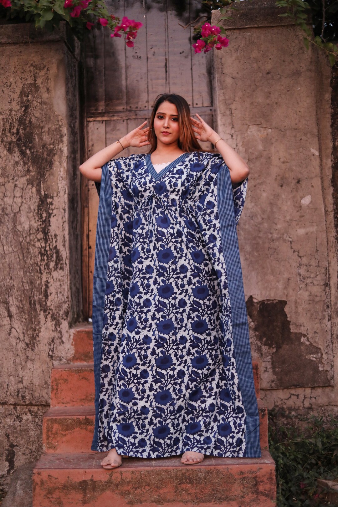 Powder Blue Breathable Printed Cotton Kaftan Dress – Summer Wear main image 0