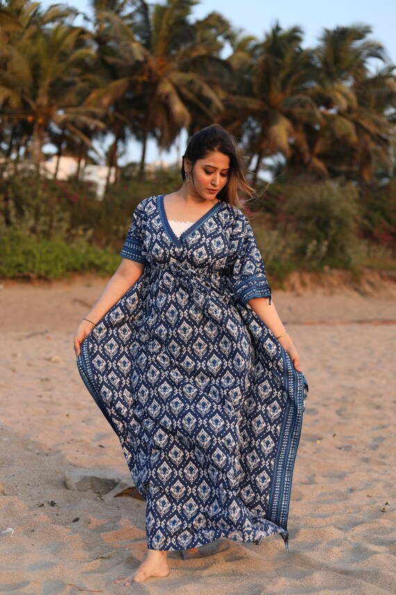 Indigo Blue Hand Screened Original Design Kaftan, Caftan, Beachwear, Vacation Dress, Oversized Dress, Free Flowing Dress, Cotton Long Dress