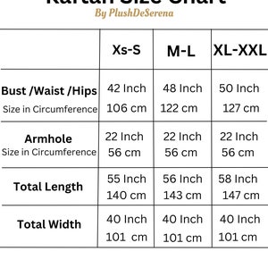Puede incluir: Tabla de tallas de kaftan con medidas en pulgadas y cent&iacute;metros para las tallas XS-S, M-L y XL-XXL. La tabla incluye las medidas de busto, cintura, caderas, sisa, longitud total y ancho total.
