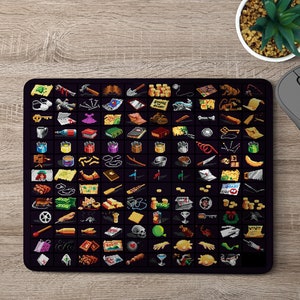 May include: A black mouse mat featuring a grid of 100 colourful pixelated icons. The icons depict various objects, including tools, food, and clothing. The mouse mat is a great way to add a touch of personality to your workspace.