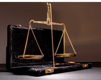 Scales of Justice Lawyer Office Decor Gift, Fairness Balance Libra Brass Wood Special Velvet Box, Antique Vintage Style Sculpture Art Object