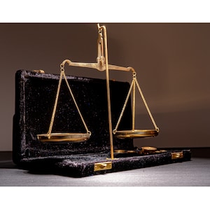 Scales of Justice Lawyer Office Decor Gift, Fairness Balance Libra Brass Wood Special Velvet Box, Antique Vintage Style Sculpture Art Object