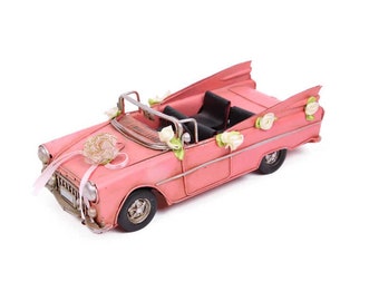 Vintage Decorative Bridal Car Gift, Custom Wedding Chevrolet, Nostalgic Car with Ornate Flowers, Ornament Trinket Miniature Figurine Decor