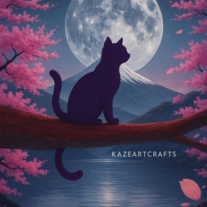 Mystic Cat Under the Moon – Japanese-Inspired Digital Wall Art | Cherry Blossom Night Print | Purple Cat Illustration | Instant Download