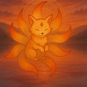 Kitsune Spirit Art Print – Japanese Nine-Tailed Fox Illustration, Sunset Wall Art, Mythical Yokai Decor