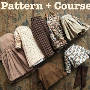 May include: A collection of miniature doll clothes, including dresses, trousers, and a jacket, in various patterns and colours. The image includes the text "Pattern + Course" at the top. The clothes are arranged on a patterned, vintage-style surface.