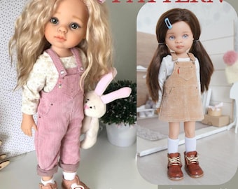 Pattern of corduroy overalls for Paola Reina dolls. Pattern of a skirt for a sundress as a gift