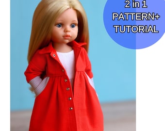 Vintage coat 2 in 1 sewing pattern and tutorial  for Paola Reina 34 cm doll clothes casual outfit