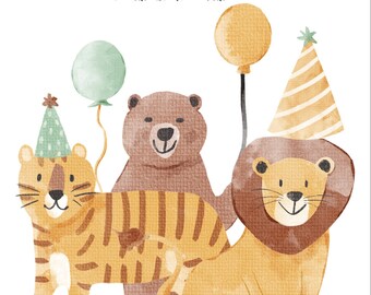 May include: A watercolor birthday invitation with the text "NATHAN TURNS ONE". The design includes a tiger, bear, and lion, along with balloons and a party hat. The date and time of the party are also included.