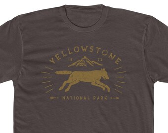 Yellowstone National Park T Shirt for Men • 100% Cotton Crew Tee • Chocolate Brown • Retro Wolf Design