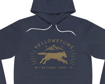Yellowstone National Park Hooded Sweatshirt for Men & Women • Unisex Sponge Fleece Pullover Hoodie • Navy Blue • Retro Wolf Design
