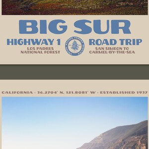 May include: A travel poster featuring a landscape of Big Sur, California, with the text BIG SUR, HIGHWAY 1 ROAD TRIP, LOS PADRES NATIONAL FOREST, SAN SIMEON TO CARMEL-BY-THE-SEA, and CALIFORNIA 36.2704 N, 121.8081 W ESTABLISHED 1937 in blue and black.