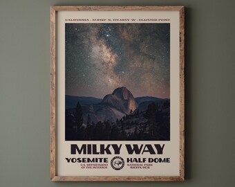 Yosemite Milky Way Poster • Retro NPS Print • Nature Photography Fine Art • Home Decor • Vintage National Park Design • Half Dome Photo