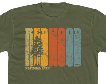 Redwood National Park T Shirt for Men • 100% Cotton Crew Tee • Army Green • Retro Redwood Tree Design